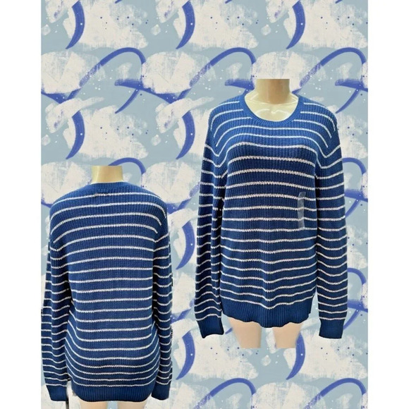 Gap L Blue Striped Pattern Crew Neck Ribbed Trim Long Raglan Sleeve Sweater - Picture 1 of 6